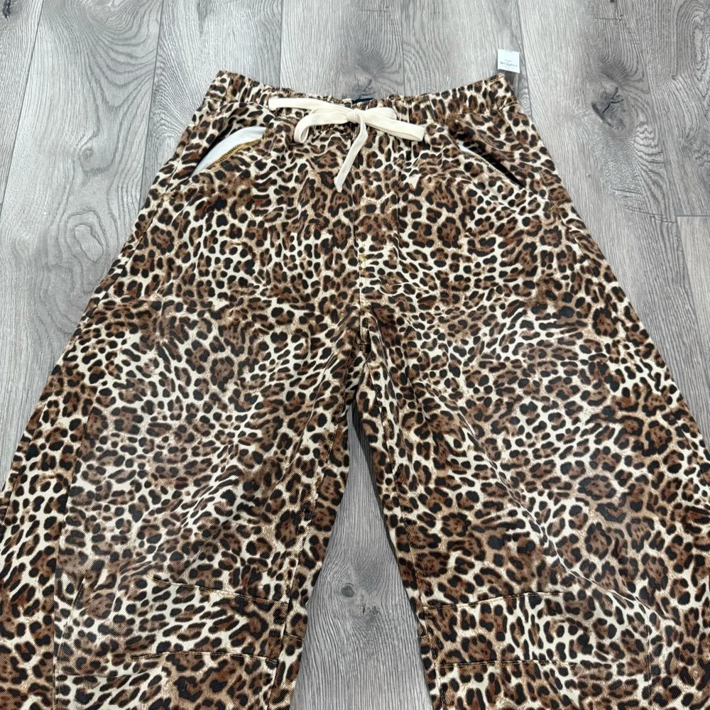 GAP Leopard Print Wide Leg Pants Tan Black barrel parachute leg 2 petite western - Picture 14 of 16